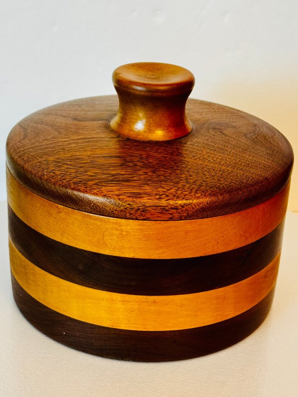 Handmade Turned Wood Round Box 7x7 Trinket Box with Lid 4 Layer Cabin READ